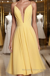 Deep V Neck Short Yellow Semi Formal Prom Dresses, Short Backless Formal Homecoming Dresses